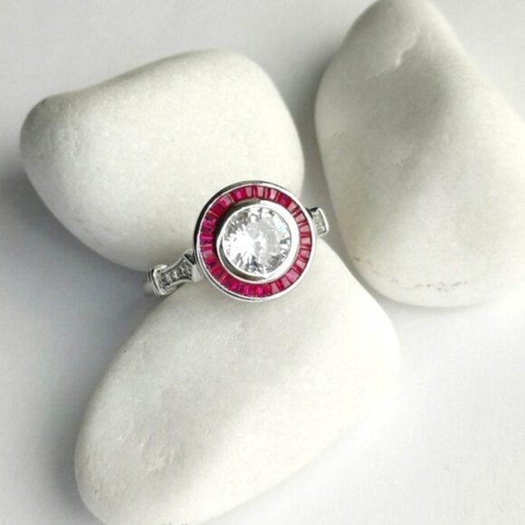 JEM Designs Jewelry - Art Deco White Sapphire and Ruby Ring in Sterling Silver engagement size 6